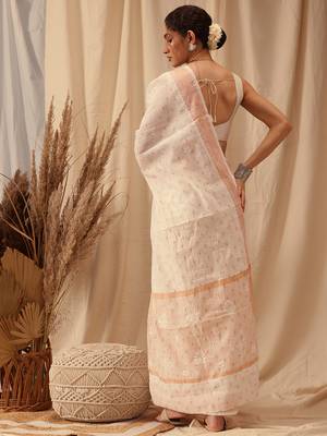 Hand Embroidered Off White Chanderi Lucknowi Chikankari Indian Women Saree With Blouse 3