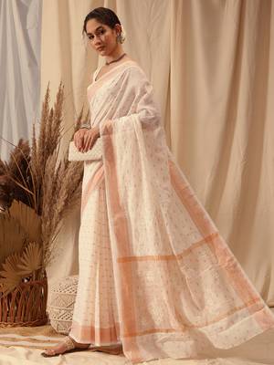 Hand Embroidered Off White Chanderi Lucknowi Chikankari Indian Women Saree With Blouse 4
