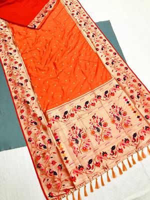 Koram Orange Kanjivarm Paithani Silk Saree Mina Kari Border And Rich Pallu Saree With Blouse For Women 1