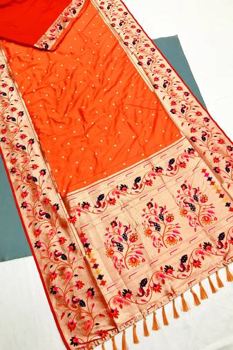 Koram Orange Kanjivarm Paithani Silk Saree Mina Kari Border And Rich Pallu Saree With Blouse For Women