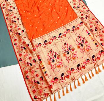 Koram Orange Kanjivarm Paithani Silk Saree Mina Kari Border And Rich Pallu Saree With Blouse For Women 2