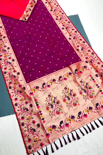 Koram Lavender Kanjivarm Paithani Silk Saree Mina Kari Border And Rich Pallu Saree With Blouse For Women