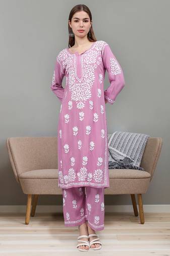 hand embroidered onion pink rayon lucknow chikankari women kurta set