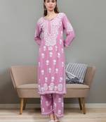 hand embroidered onion pink rayon lucknow chikankari women kurta set