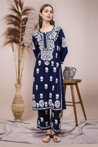 hand embroidered navy blue rayon lucknow chikankari women kurta set