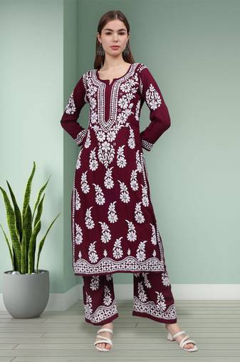 hand embroidered wine modal lucknow chikankari women kurta set