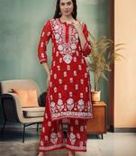 hand embroidered red georgette lucknow chikankari women kurta set with slip