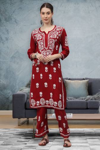 hand embroidered red rayon lucknow chikankari women kurta set