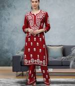hand embroidered red rayon lucknow chikankari women kurta set