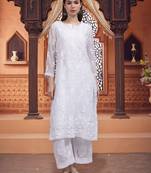 hand embroidered white georgette lucknow chikankari women kurta set with slip