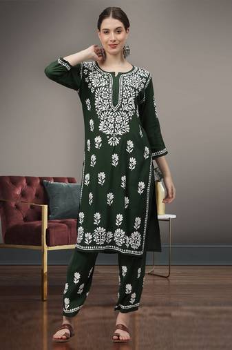 hand embroidered dark green rayon lucknow chikankari women kurta set