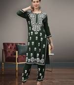 hand embroidered dark green rayon lucknow chikankari women kurta set