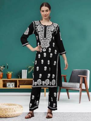 hand embroidered black rayon lucknow chikankari women kurta set 1