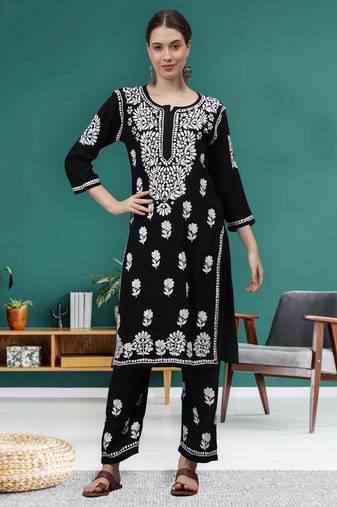 hand embroidered black rayon lucknow chikankari women kurta set
