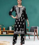 hand embroidered black rayon lucknow chikankari women kurta set