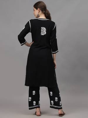 hand embroidered black rayon lucknow chikankari women kurta set 2