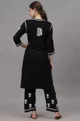 hand embroidered black rayon lucknow chikankari women kurta set