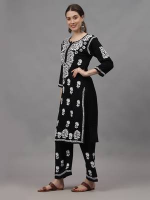 hand embroidered black rayon lucknow chikankari women kurta set 3