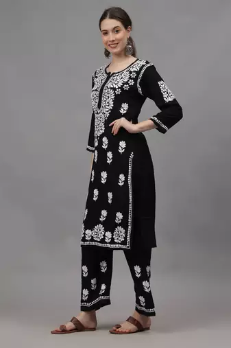 hand embroidered black rayon lucknow chikankari women kurta set