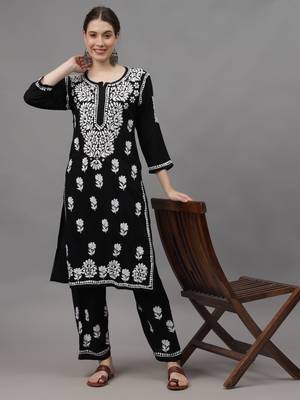 hand embroidered black rayon lucknow chikankari women kurta set 4
