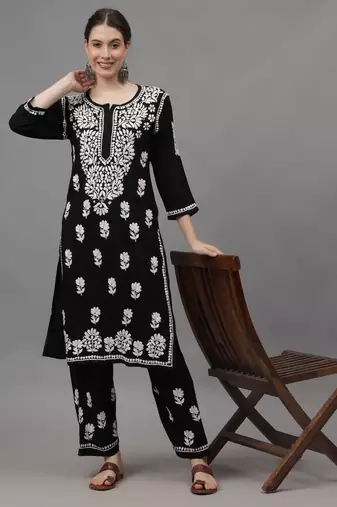 hand embroidered black rayon lucknow chikankari women kurta set