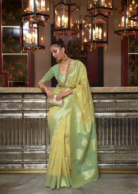 Light Yellow Woven Pure Linen Part Wear Saree With Blouse 1