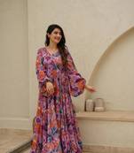 Pink smart and looks chinon fabric graceful partywear gown