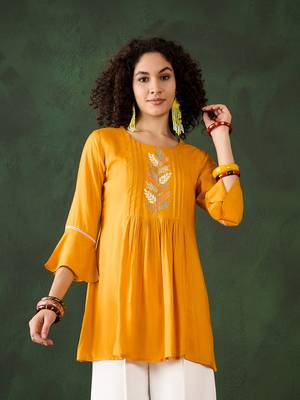 Mustard viscose rayon designer embroidery work formal looking smart girlie short kurta for girls 1