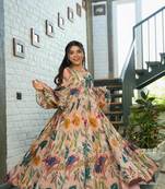 Peach smart and looks chinon fabric graceful partywear gown