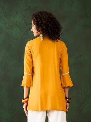 Mustard viscose rayon designer embroidery work formal looking smart girlie short kurta for girls 2