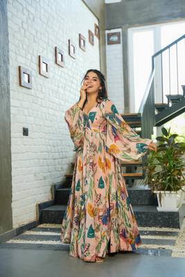 Peach smart and looks chinon graceful partywear gown 2