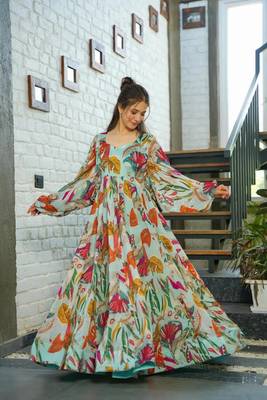 Sea green smart and looks chinon graceful partywear gown 1