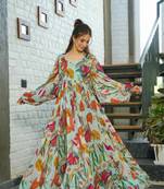 Sea green smart and looks chinon fabric graceful partywear gown