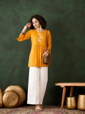 Mustard viscose rayon designer embroidery work formal looking smart girlie short kurta for girls 3