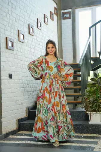 Sea green smart and looks chinon graceful partywear gown