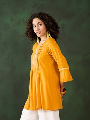 Mustard viscose rayon designer embroidery work formal looking smart girlie short kurta for girls 4