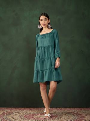 Teal viscose fabric solid designer  fancy girlie designer dress 1