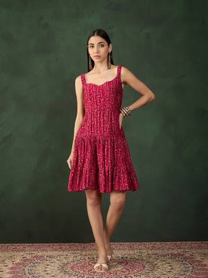 Maroon chinon fabric designer foil printed fancy girlie designer dress 1