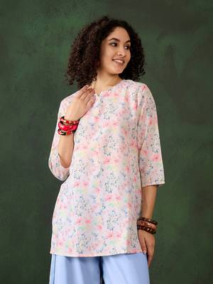 Off white rayon designer printed formal looking smart girlie short kurta for girls 1