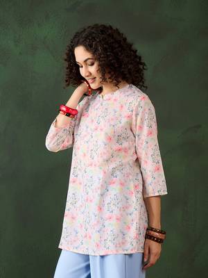 Off white rayon designer printed formal looking smart girlie short kurta for girls 4