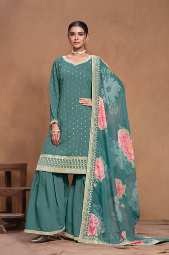 Teal embroidered roman silk semi stitched sharara suit