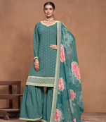 Teal embroidered roman silk semi stitched sharara suit