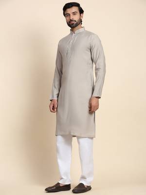 Grey viscosee rayon festive wear kurta payjama for rich traditional indian looks 3