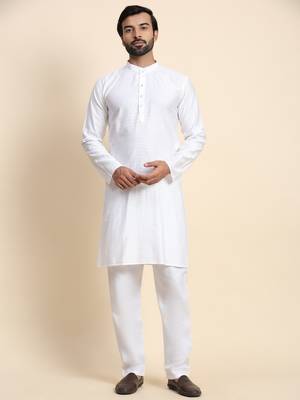 White viscosee rayon festive wear kurta payjama for rich traditional indian looks 1