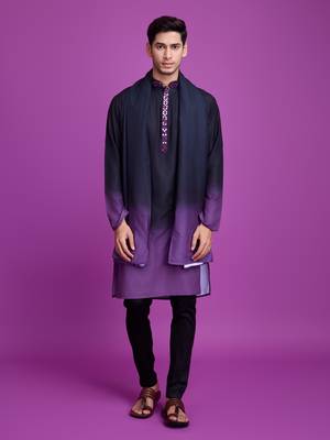 Black & dusty purple rayon solid with hand mirror embroidery work ceremonial wear mens kurta with dupatta 1