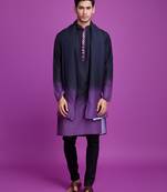 Black & dusty purple rayon solid with hand mirror embroidery work ceremonial wear mens kurta with dupatta