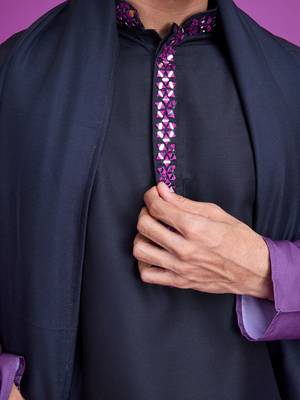 Black & dusty purple rayon solid with hand mirror embroidery work ceremonial wear mens kurta with dupatta 3