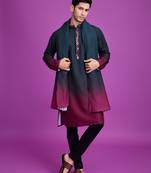 Green & maroon rayon solid with hand mirror embroidery work ceremonial wear mens kurta pajama with dupatta