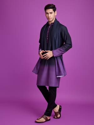 Black & dusty purple rayon solid with hand mirror embroidery work ceremonial wear mens kurta with dupatta 4