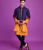 Purple & mustard rayon solid with hand mirror embroidery work ceremonial wear mens kurta with dupatta